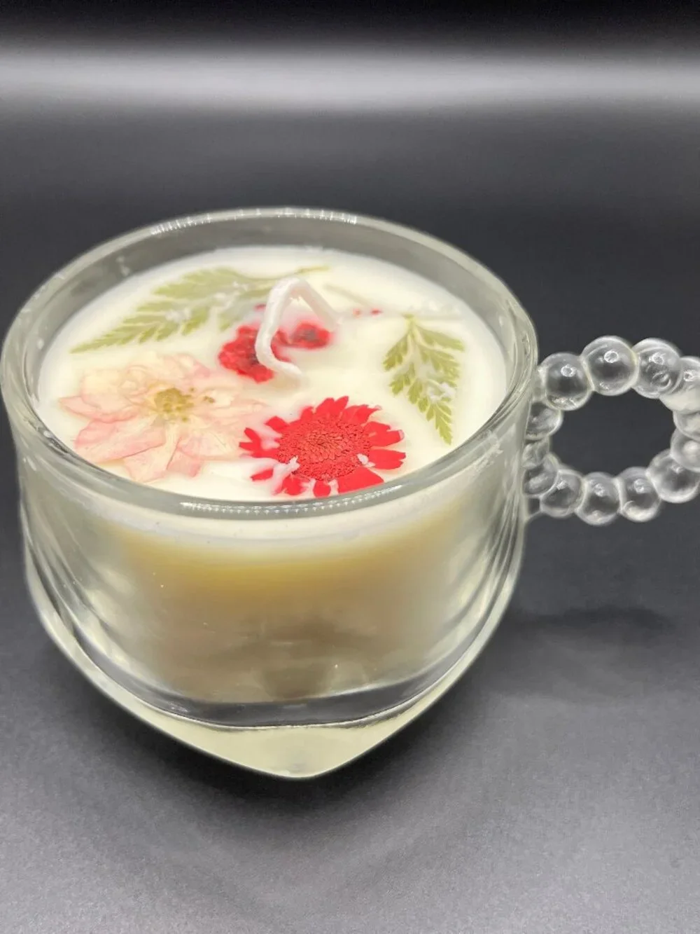 Red & Blush Floral Soy Candle in Clear Glass Mug with Beaded Handle